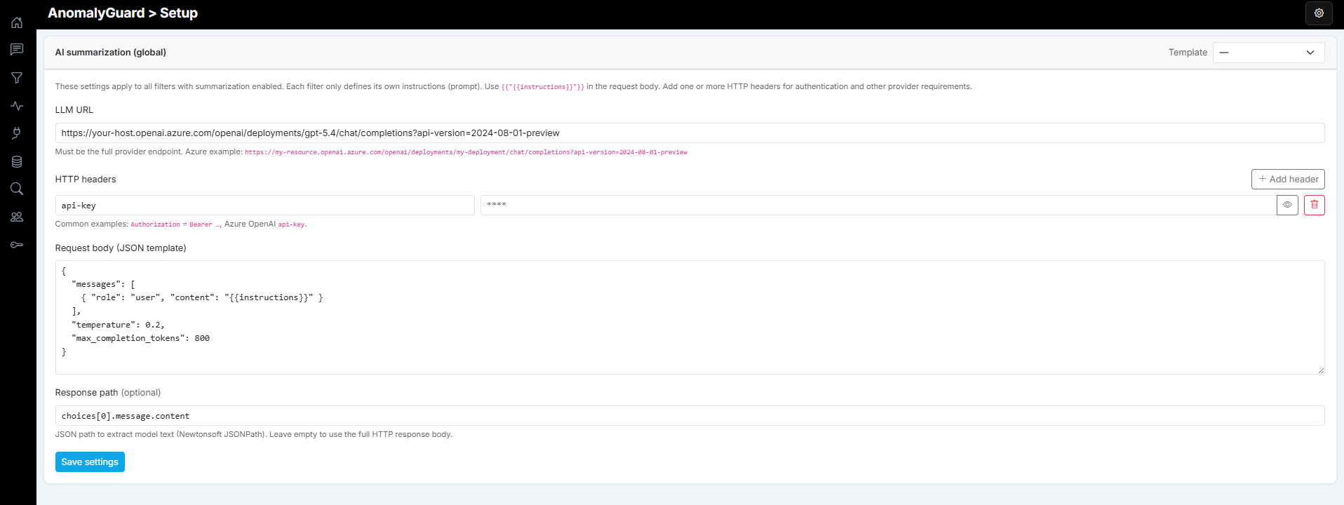 Global AI summarization settings