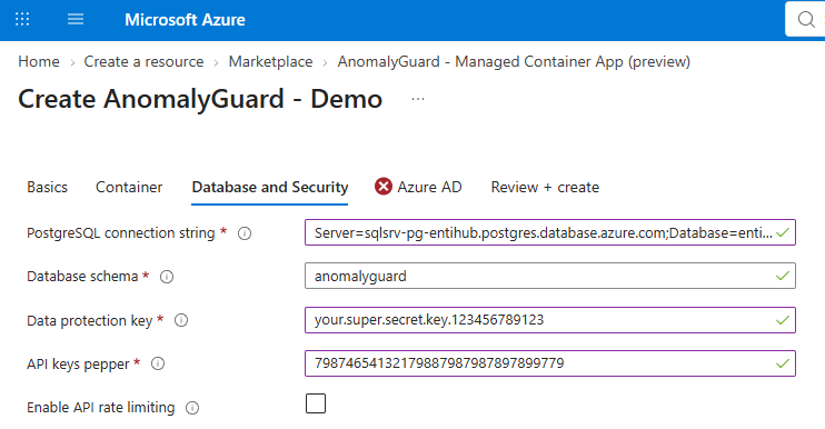 Database and Security tab