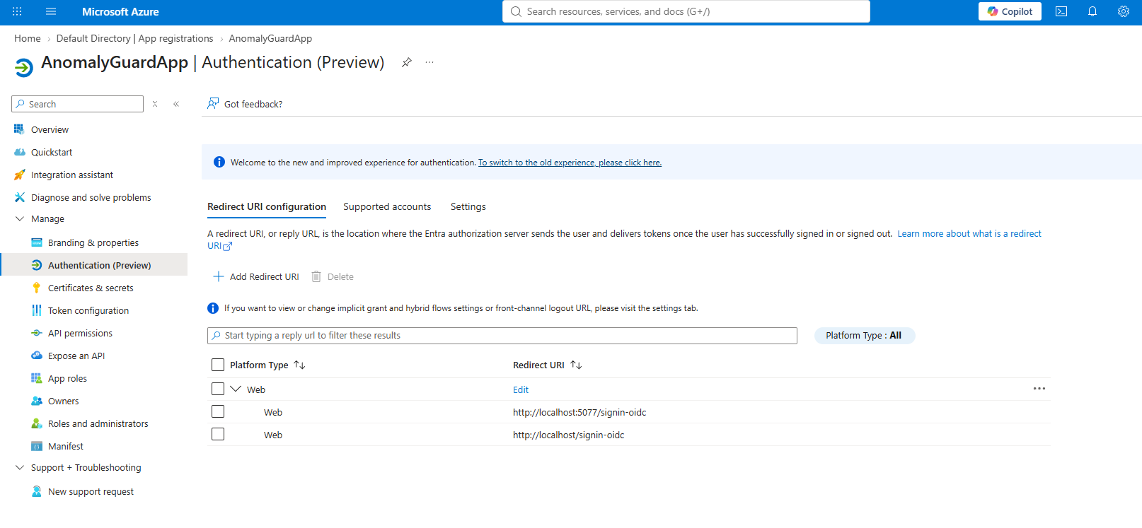 Authentication — Redirect URIs